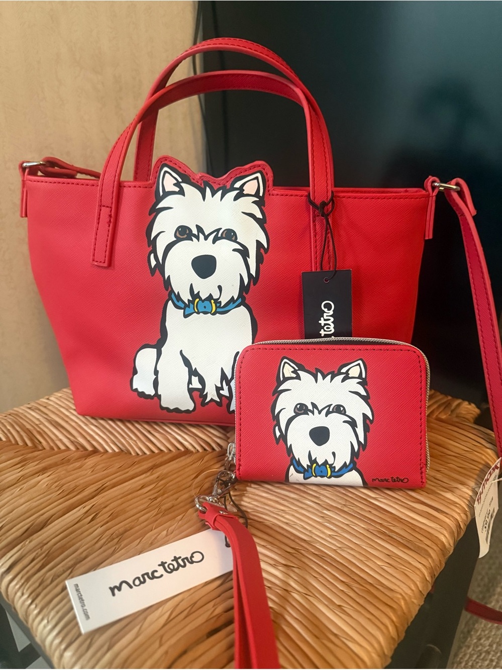 Marco Tetro Whimsical Westie Hand Bag/Shoulder Bag w/ matching wristlet Wallet